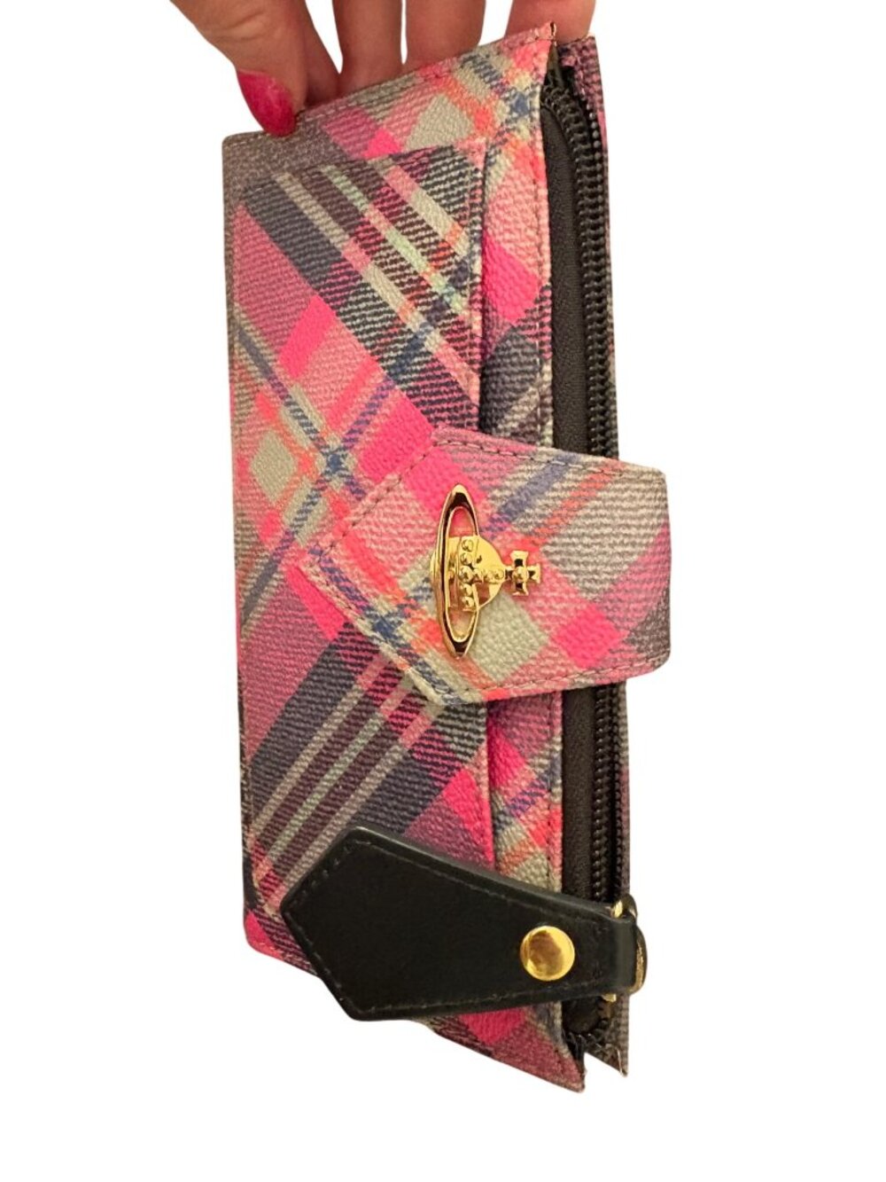 Vivienne Westwood Pink Tartan Plaid Leather Wallet With Gold Orb Logo Multiple